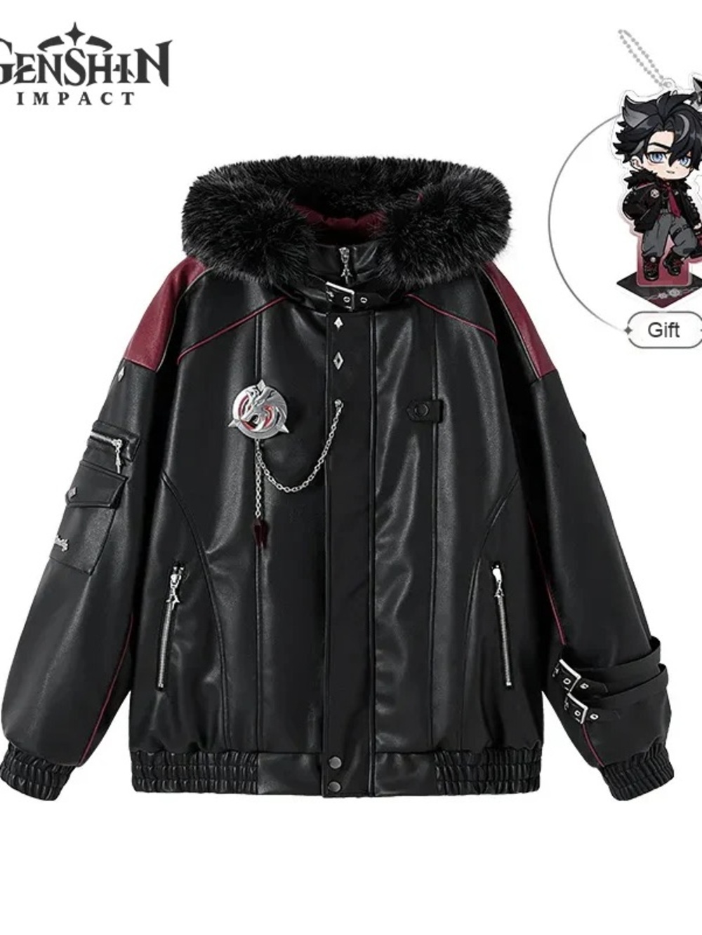 Genshin Impact Black & Dark Red Faux Leather Hooded Jacket